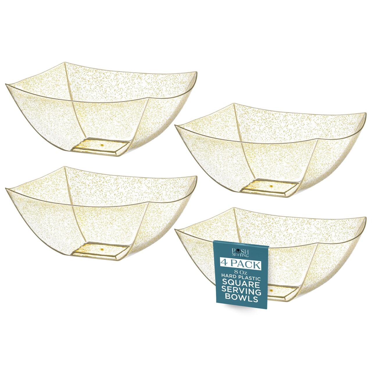 Posh Setting - Gold Glitter Plastic Serving Bowls for Party (8oz - 4 Pack) Square Bowls, Disposable Chip Bowls, Candy Bowls for Party Table, Salad Bowls for Party, Candy Containers for Candy Buffet